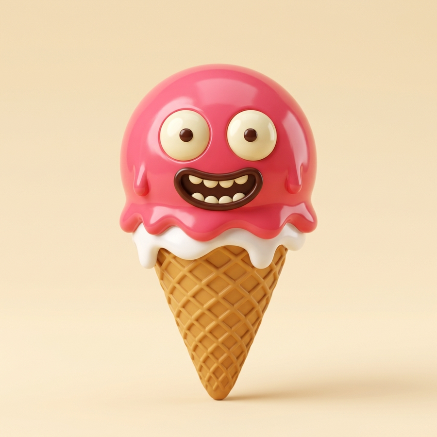 Scoop the approved mascot: glossy strawberry ice cream scoop with cream eyes, wide chocolate smile, melting drips, and golden waffle cone